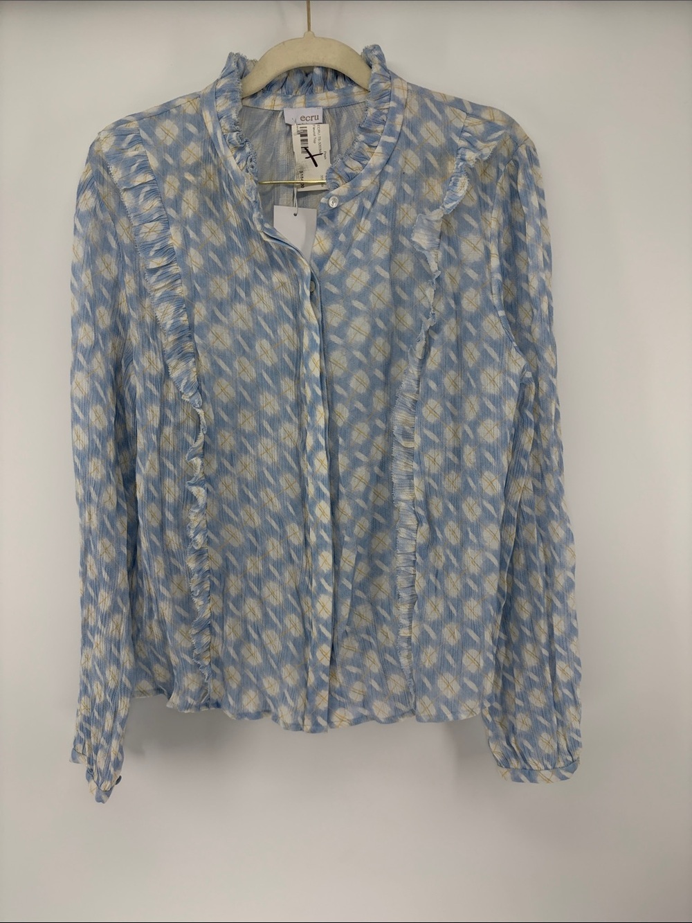 NWT ecru Fleurot Ikat Plaid Sky Blue and Cream Ruffle-Trim Button Shirt Small
